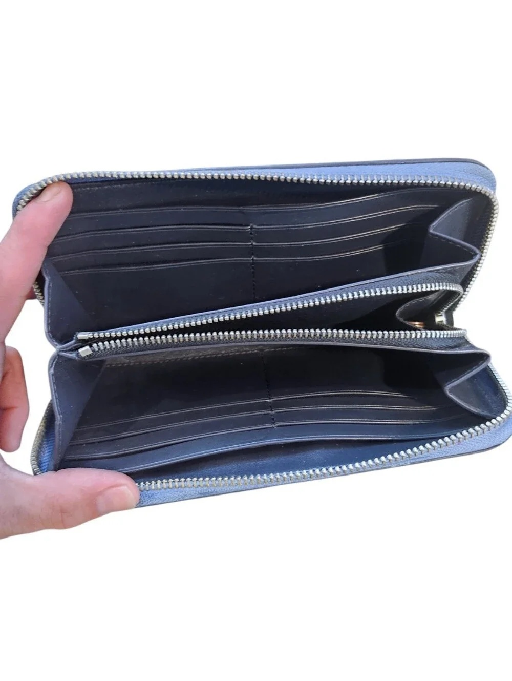 Coach Pale Blue Pebbled Accordion Leather Zip Wallet